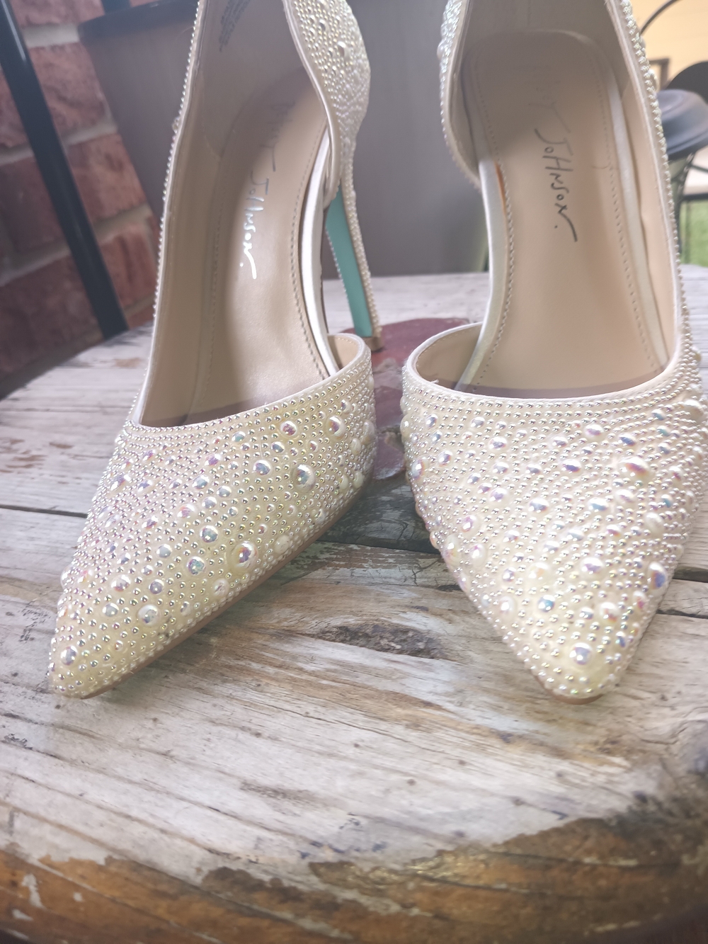 Betsey Johnson Pearl-Embellished Cream Pointed-Toe Pumps - Picture 2 of 7